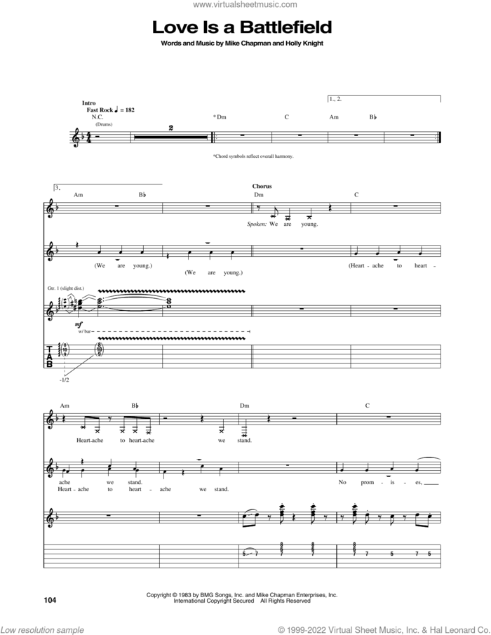 Love Is A Battlefield sheet music for guitar (tablature) by Pat Benatar, Holly Knight and Mike Chapman, intermediate skill level