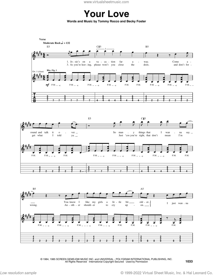 Your Love sheet music for guitar (tablature) by The Outfield and John Spinks, intermediate skill level