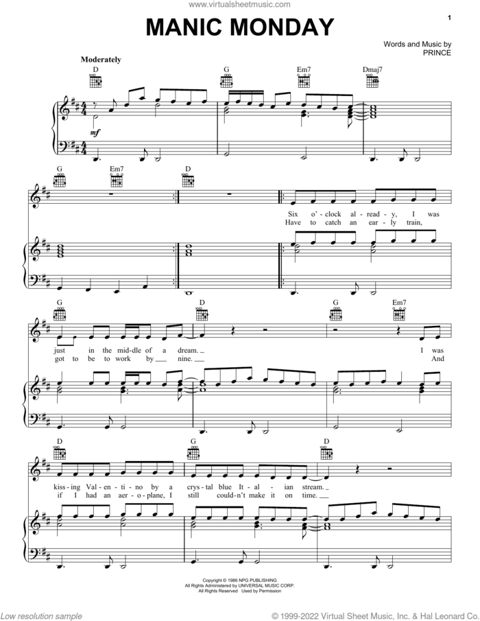 Manic Monday sheet music for voice, piano or guitar by Prince and The Bangles, intermediate skill level