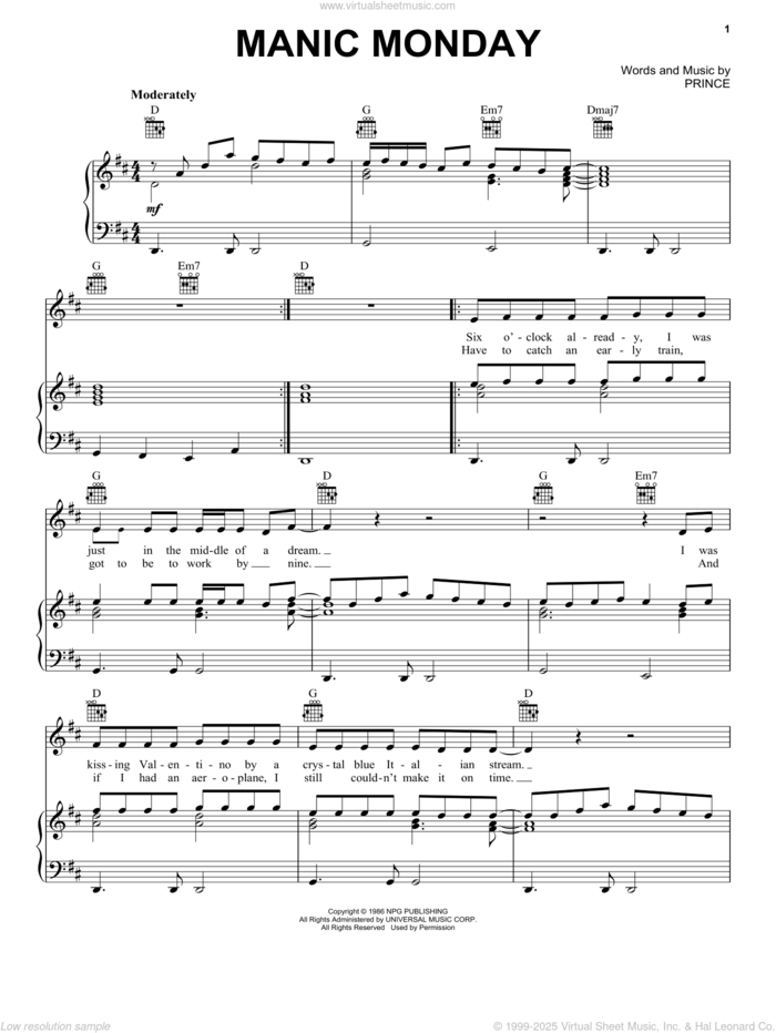 Manic Monday sheet music for voice, piano or guitar by Prince and The Bangles, intermediate skill level