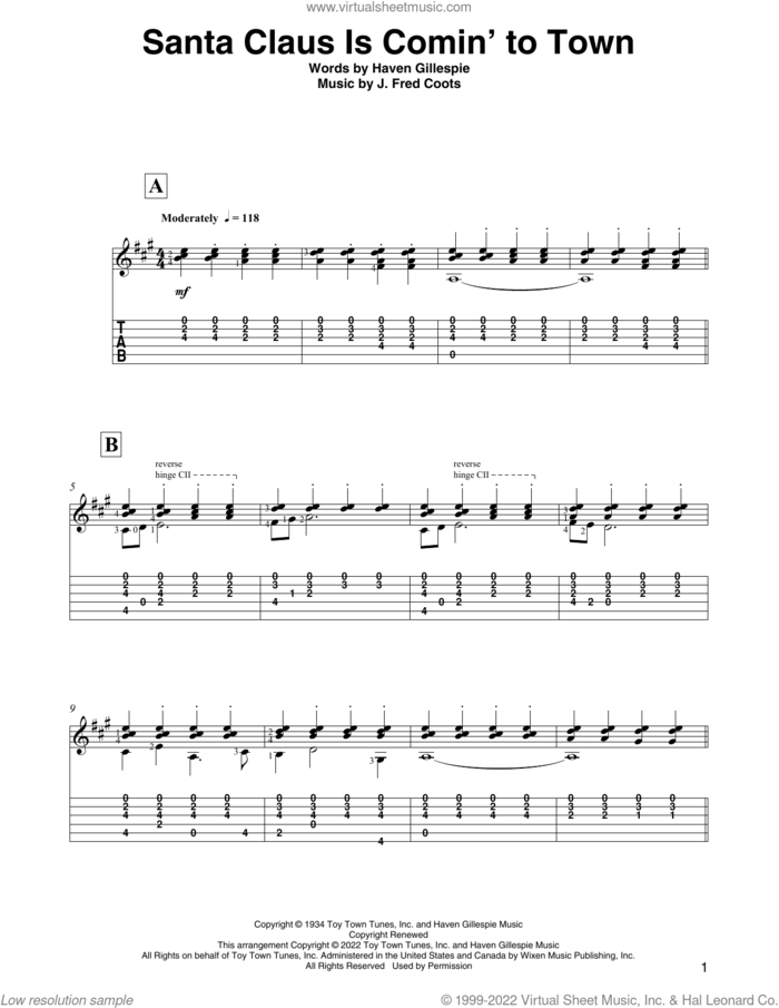Santa Claus Is Comin' To Town (arr. David Jaggs) sheet music for guitar solo by J. Fred Coots, David Jaggs and Haven Gillespie, intermediate skill level