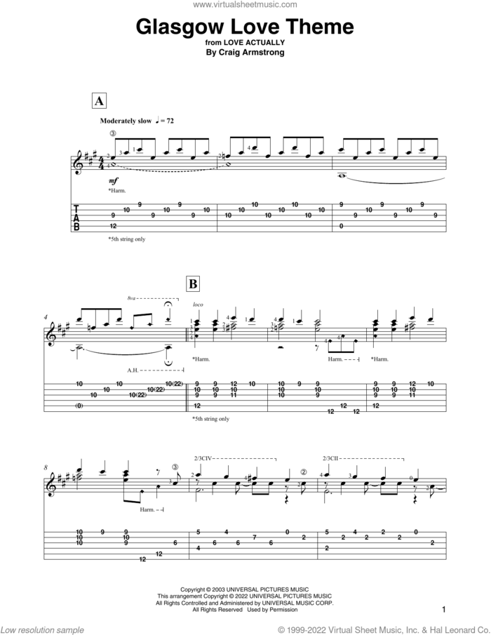 Glasgow Love Theme (from Love Actually) (arr. David Jaggs) sheet music for guitar solo by Craig Armstrong and David Jaggs, intermediate skill level