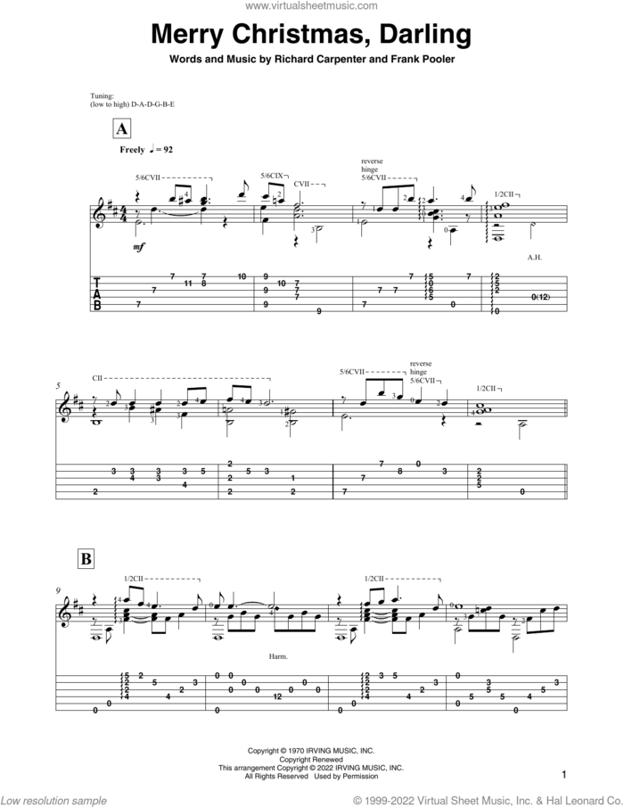 Merry Christmas, Darling (arr. David Jaggs) sheet music for guitar solo by Carpenters, David Jaggs, Frank Pooler and Richard Carpenter, intermediate skill level