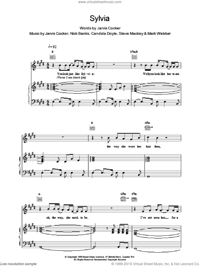 Sylvia sheet music for voice, piano or guitar by Pulp, intermediate skill level