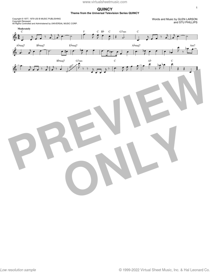 Quincy sheet music for voice and other instruments (fake book) by Glen Larson and Stu Phillips, intermediate skill level
