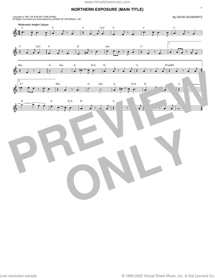 Northern Exposure (Main Title) sheet music for voice and other instruments (fake book) by David Schwartz, intermediate skill level