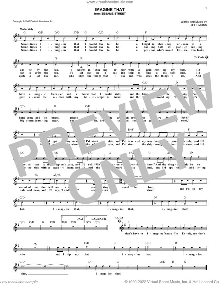 Imagine That sheet music for voice and other instruments (fake book) by Jeff Moss, intermediate skill level