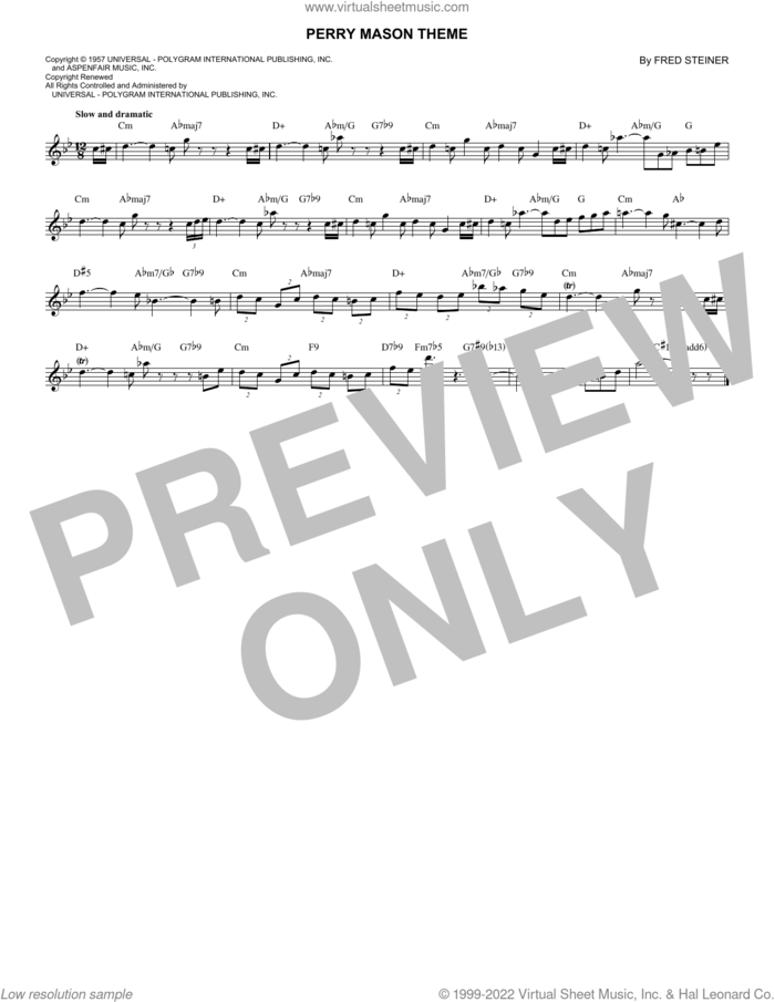 Perry Mason Theme sheet music for voice and other instruments (fake book) by Fred Steiner, intermediate skill level