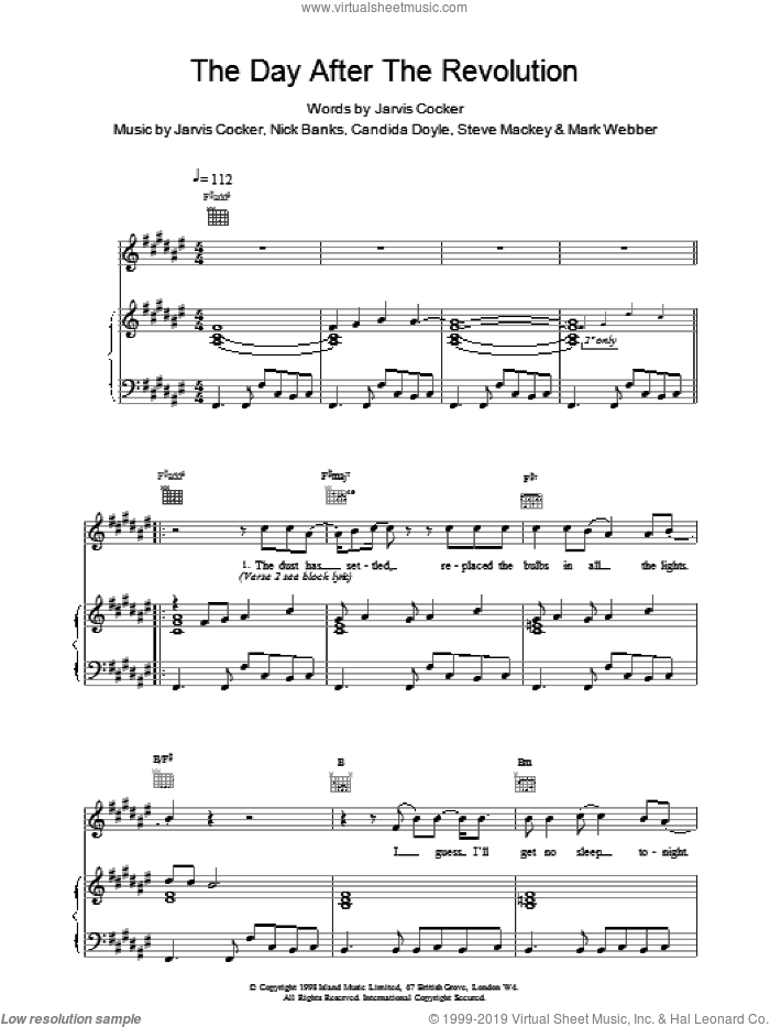 The Day After The Revolution sheet music for voice, piano or guitar by Pulp, intermediate skill level