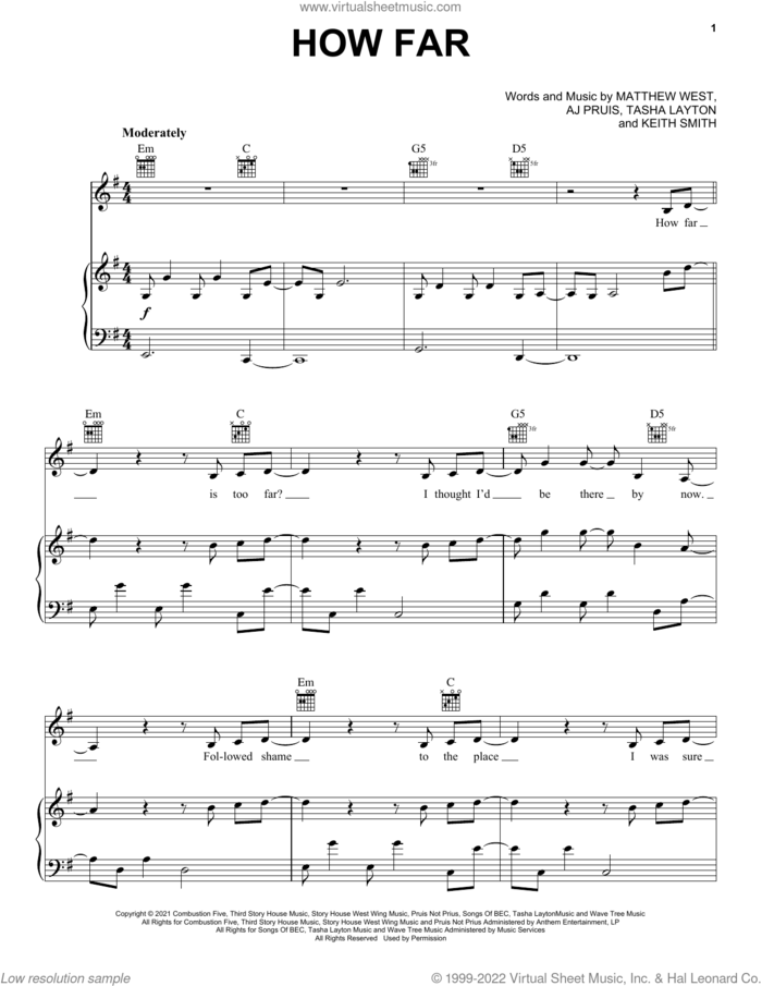 How Far sheet music for voice, piano or guitar by Tasha Layton, AJ Prius, Keith Smith and Matthew West, intermediate skill level