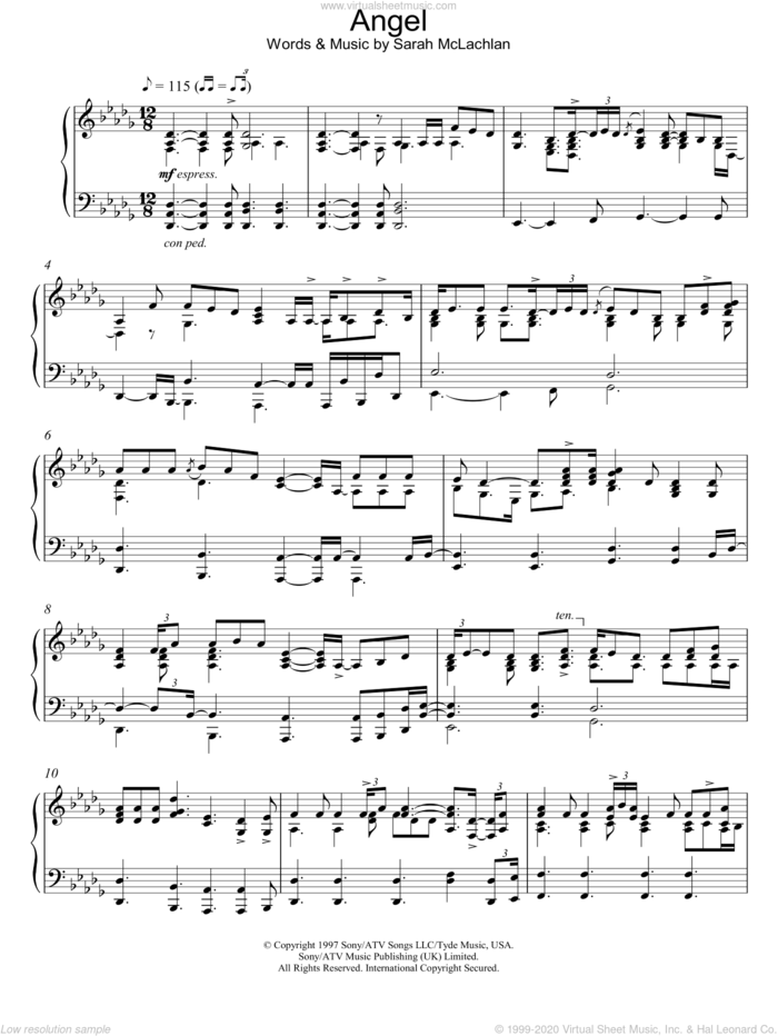 Angel sheet music for piano solo by Sarah McLachlan and George Winston, intermediate skill level