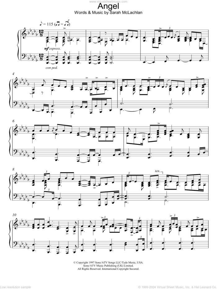 Angel sheet music for piano solo by Sarah McLachlan and George Winston, intermediate skill level