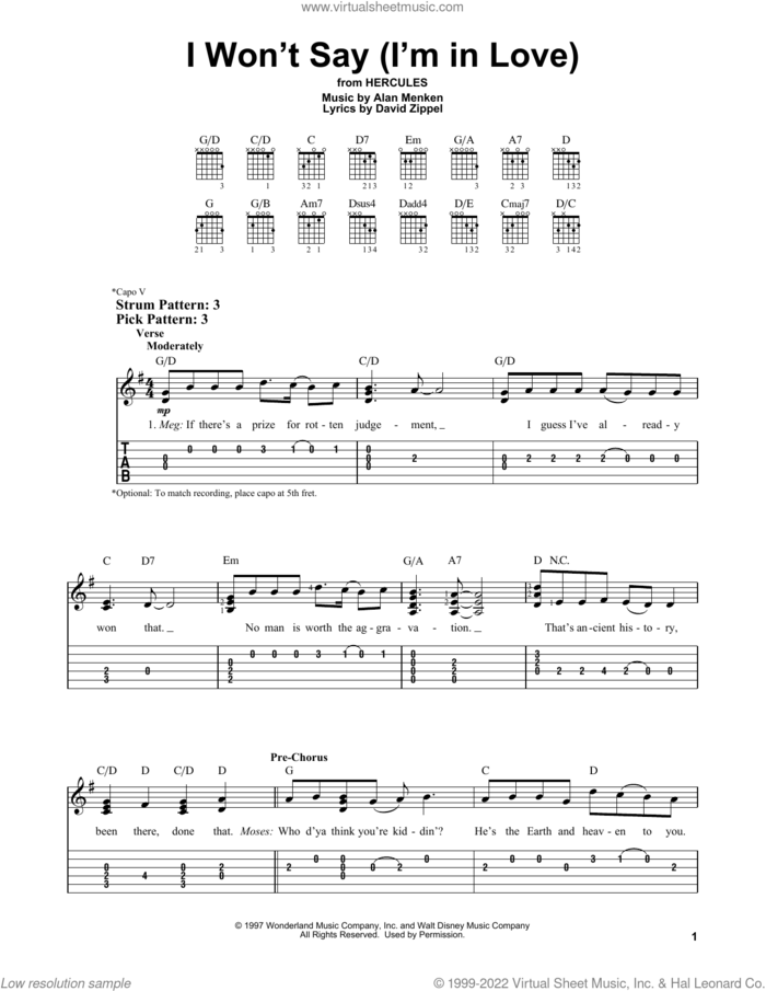 I Won't Say (I'm In Love) (from Hercules) sheet music for guitar solo (easy tablature) by Alan Menken and David Zippel, easy guitar (easy tablature)