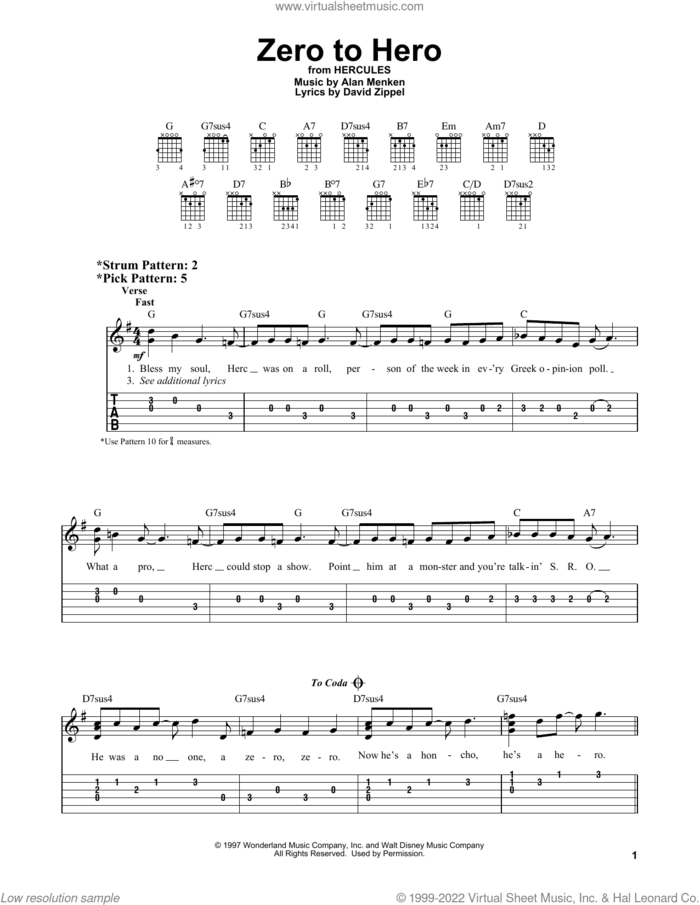 Zero To Hero (from Hercules) sheet music for guitar solo (easy tablature) by Alan Menken, Alan Menken & David Zippel and David Zippel, easy guitar (easy tablature)