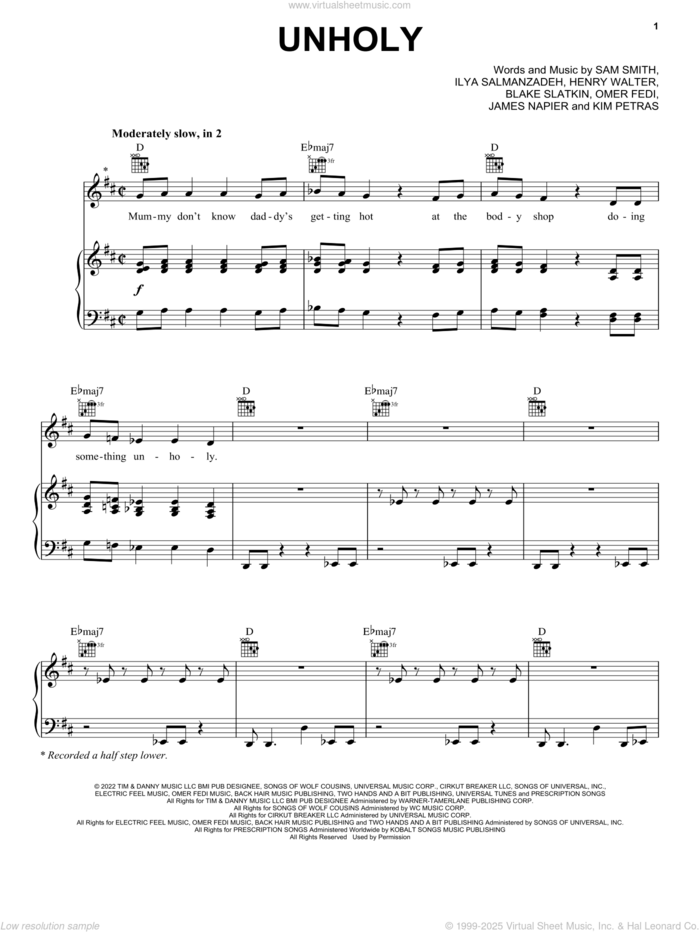 Unholy (feat. Kim Petras) sheet music for voice, piano or guitar by Sam Smith, Blake Slatkin, Henry Walter, Ilya Salmanzadeh, James Napier, Kim Petras, Omar Fedi and Samuel Smith, intermediate skill level