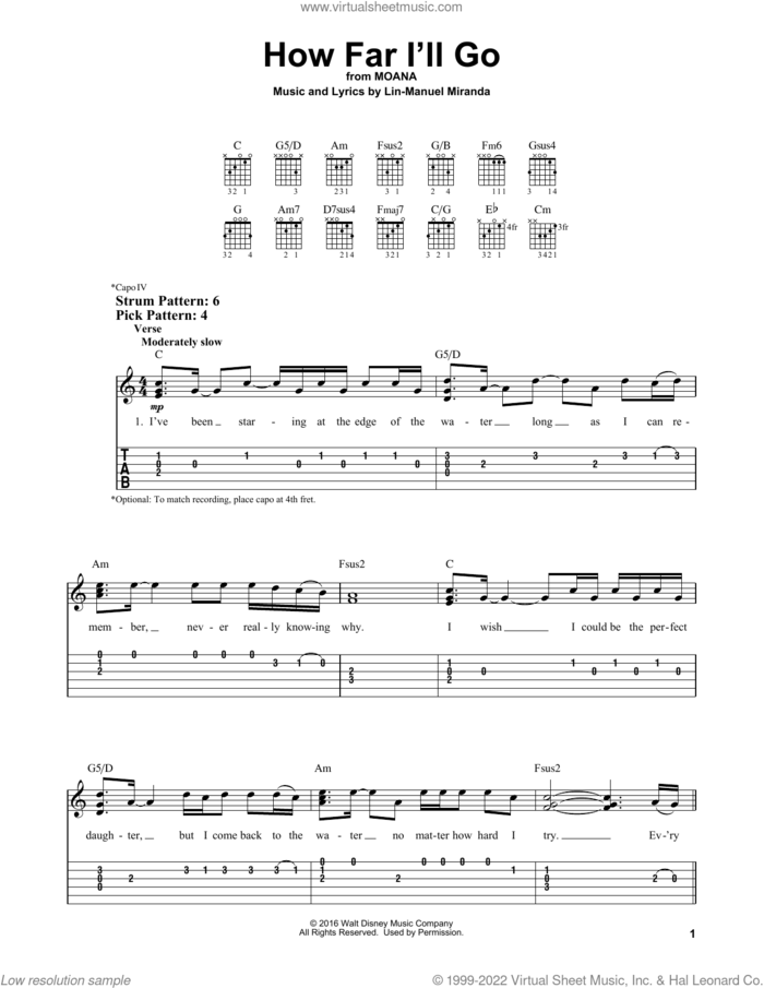How Far I'll Go (from Moana) sheet music for guitar solo (easy tablature) by Lin-Manuel Miranda, easy guitar (easy tablature)