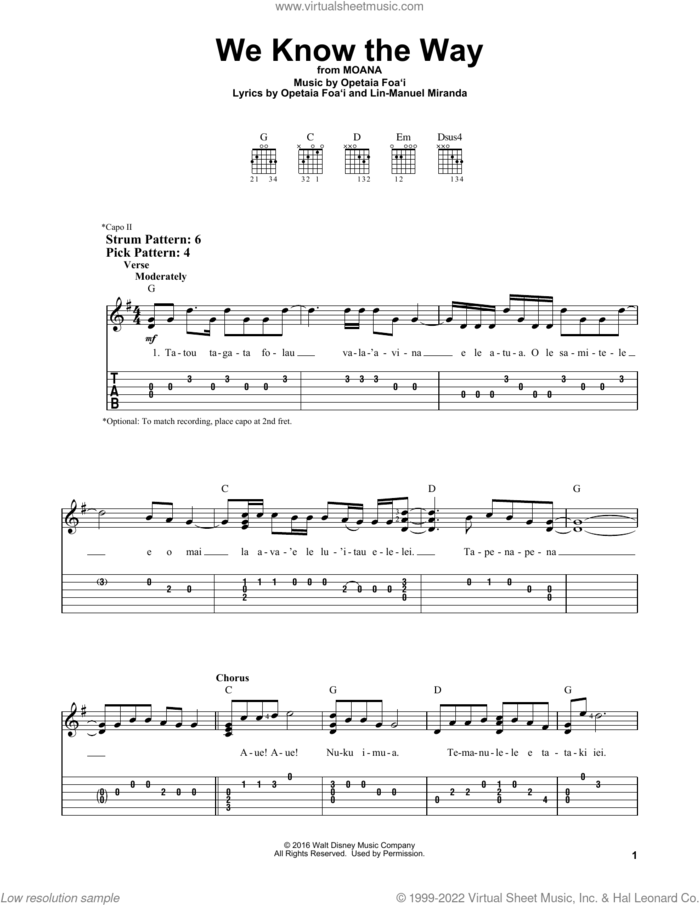 We Know The Way (from Moana) sheet music for guitar solo (easy tablature) by Opetaia Foa'i & Lin-Manuel Miranda and Lin-Manuel Miranda, easy guitar (easy tablature)