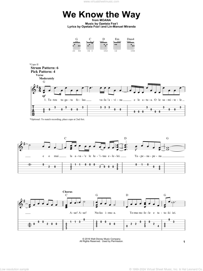 We Know The Way (from Moana) sheet music for guitar solo (easy tablature) by Opetaia Foa'i & Lin-Manuel Miranda and Lin-Manuel Miranda, easy guitar (easy tablature)