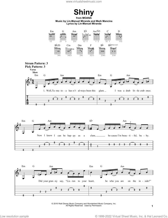 Shiny (from Moana) sheet music for guitar solo (easy tablature) by Lin-Manuel Miranda and Mark Mancina, easy guitar (easy tablature)