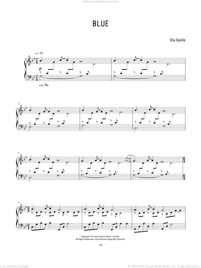 Blue sheet music for piano solo by Ola Gjeilo, classical score, intermediate skill level
