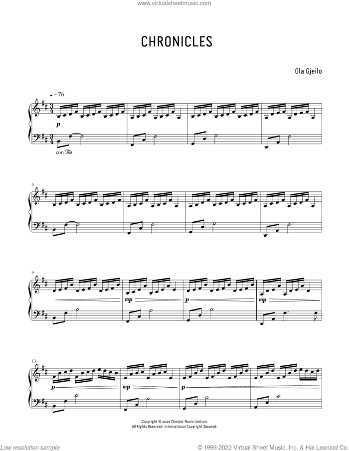 Chronicles sheet music for piano solo by Ola Gjeilo, classical score, intermediate skill level