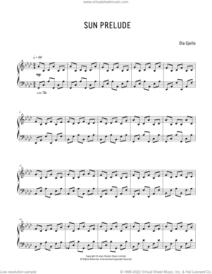 Sun Prelude sheet music for piano solo by Ola Gjeilo, classical score, intermediate skill level