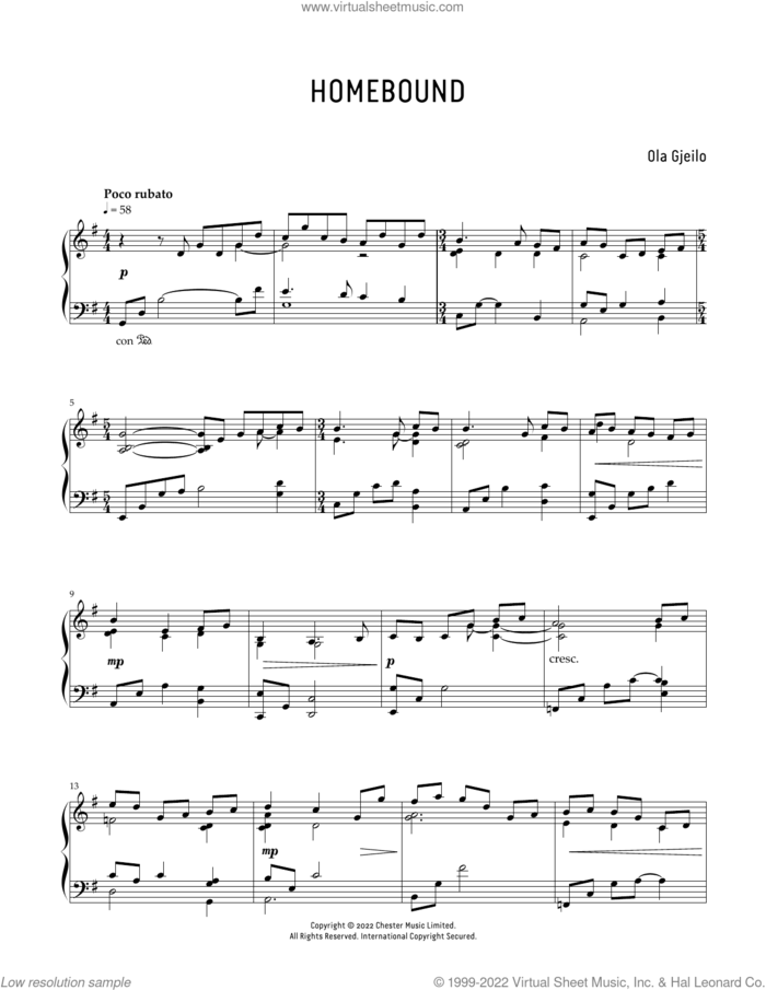 Homebound sheet music for piano solo by Ola Gjeilo, classical score, intermediate skill level