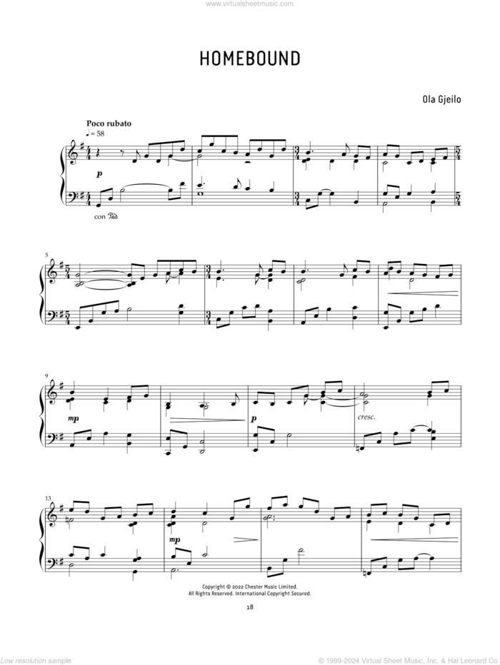 Homebound sheet music for piano solo by Ola Gjeilo, classical score, intermediate skill level