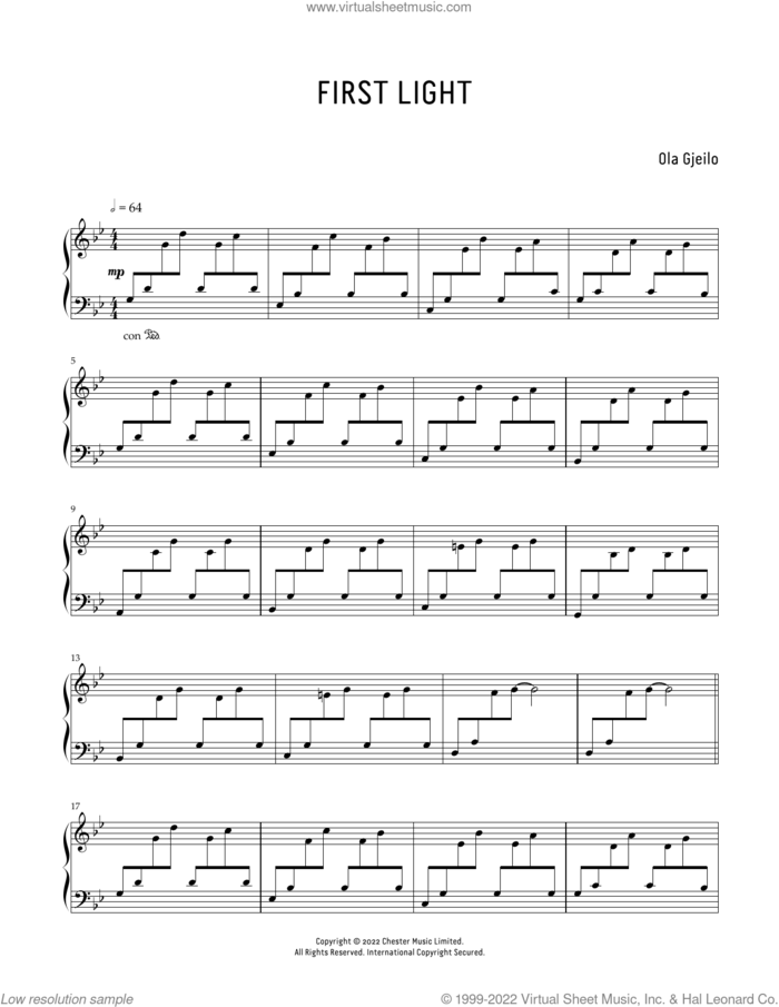 First Light sheet music for piano solo by Ola Gjeilo, classical score, intermediate skill level