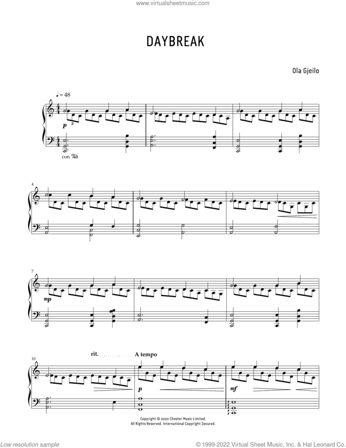 Daybreak sheet music for piano solo by Ola Gjeilo, classical score, intermediate skill level