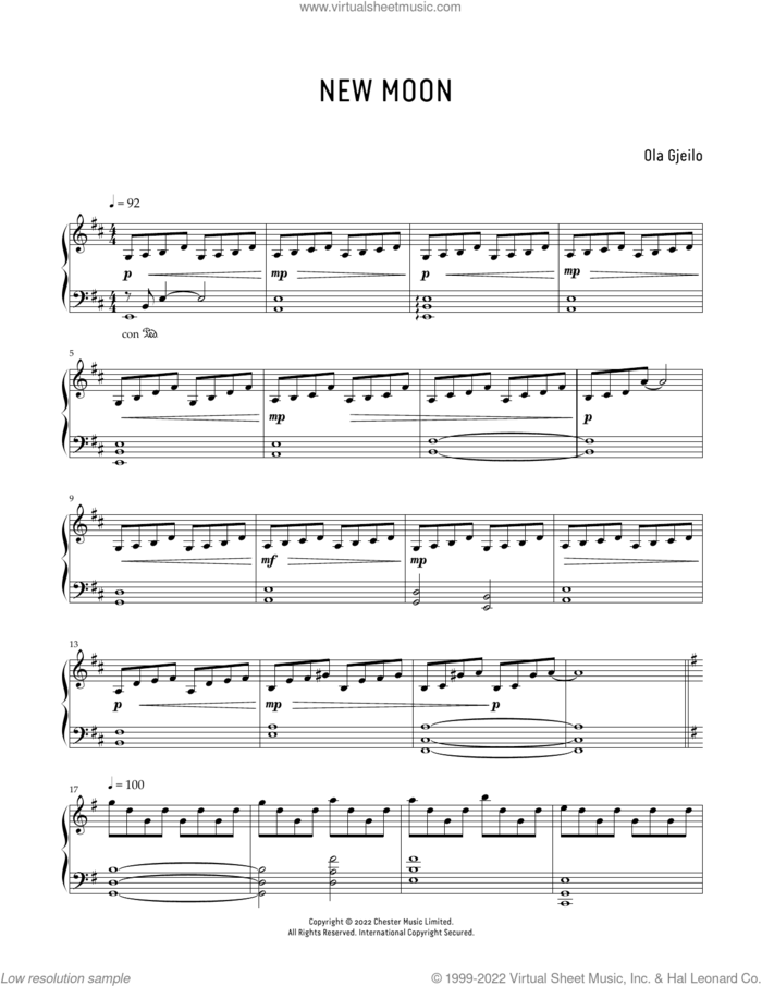 New Moon sheet music for piano solo by Ola Gjeilo, classical score, intermediate skill level