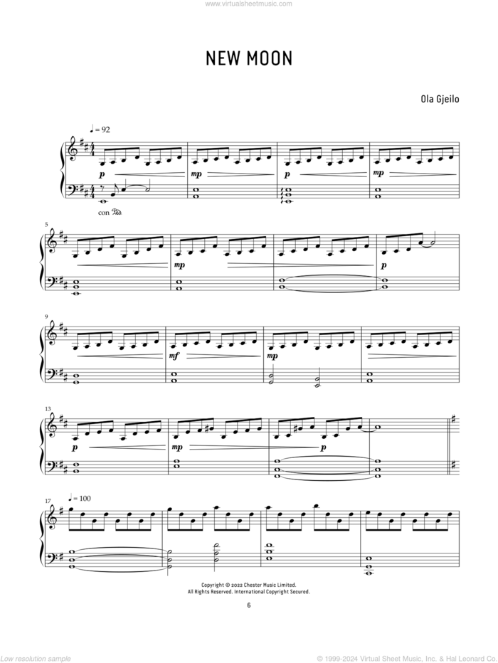 New Moon sheet music for piano solo by Ola Gjeilo, classical score, intermediate skill level