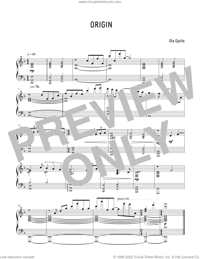 Origin sheet music for piano solo by Ola Gjeilo, classical score, intermediate skill level