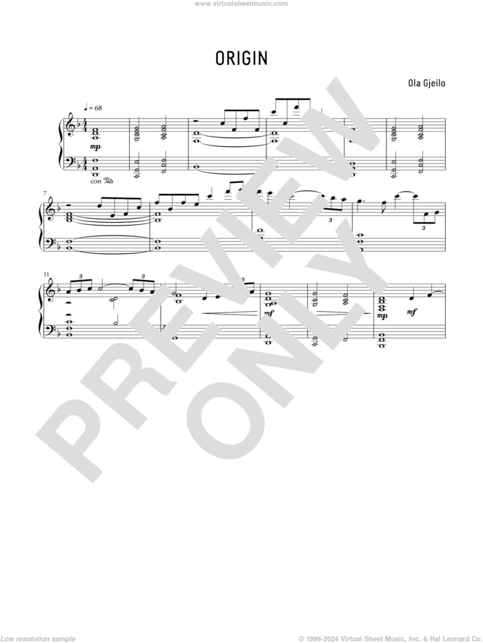 Origin sheet music for piano solo by Ola Gjeilo, classical score, intermediate skill level