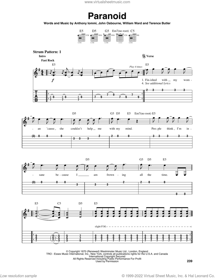 Paranoid sheet music for guitar solo (easy tablature) by Black Sabbath, Ozzy Osbourne, Anthony Iommi, John Osbourne, Terence Butler and William Ward, easy guitar (easy tablature)