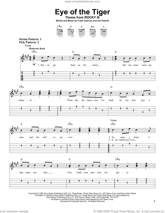 Eye Of The Tiger sheet music for guitar solo (easy tablature) by Survivor, Frank Sullivan and Jim Peterik, easy guitar (easy tablature)