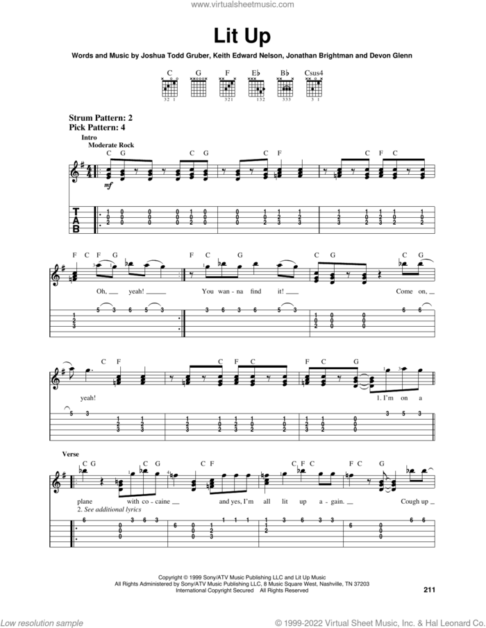 Lit Up sheet music for guitar solo (easy tablature) by Buckcherry, Devon Glenn, Jonathan Brightman, Joshua Todd Gruber and Keith Edward Nelson, easy guitar (easy tablature)