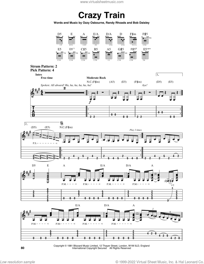 Crazy Train sheet music for guitar solo (easy tablature) by Ozzy Osbourne, Bob Daisley and Randy Rhoads, easy guitar (easy tablature)