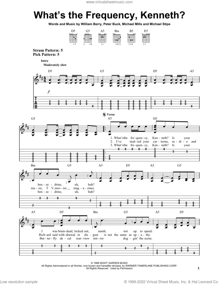 What's The Frequency, Kenneth? sheet music for guitar solo (easy tablature) by R.E.M., Michael Stipe, Mike Mills, Peter Buck and William Berry, easy guitar (easy tablature)