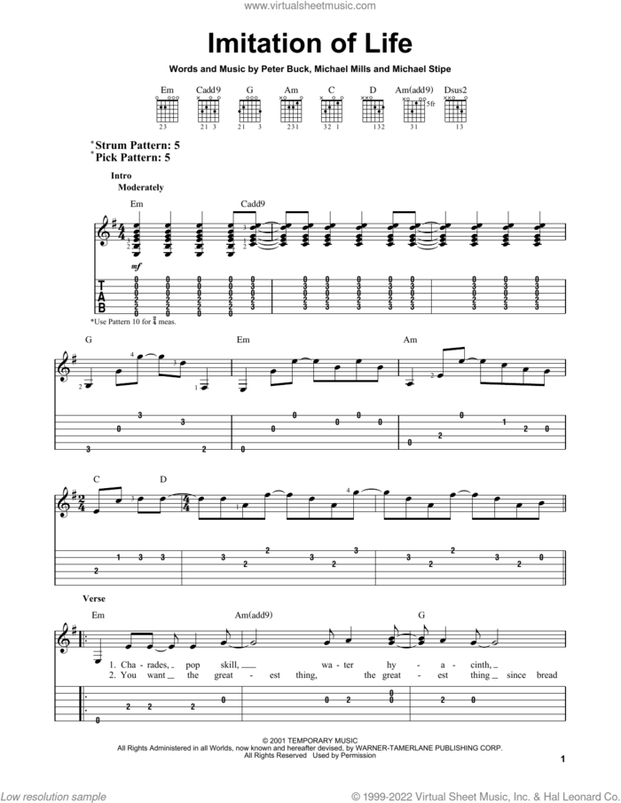 Imitation Of Life sheet music for guitar solo (easy tablature) by R.E.M., Michael Stipe, Mike Mills and Peter Buck, easy guitar (easy tablature)
