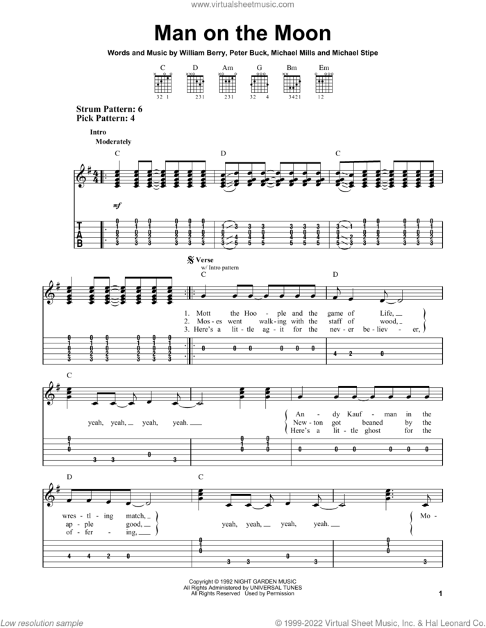 Man On The Moon sheet music for guitar solo (easy tablature) by R.E.M., Michael Stipe, Mike Mills, Peter Buck and William Berry, easy guitar (easy tablature)