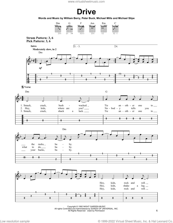 Drive sheet music for guitar solo (easy tablature) by R.E.M., Michael Stipe, Mike Mills, Peter Buck and William Berry, easy guitar (easy tablature)