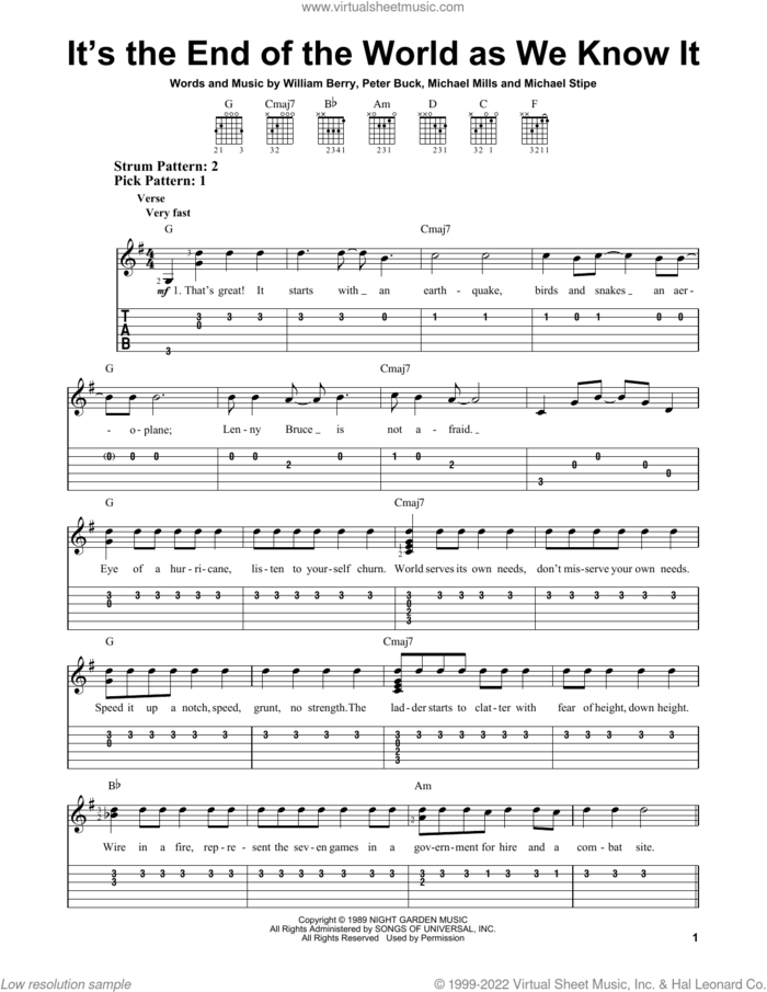 It's The End Of The World As We Know It sheet music for guitar solo (easy tablature) by R.E.M., Michael Stipe, Mike Mills, Peter Buck and William Berry, easy guitar (easy tablature)