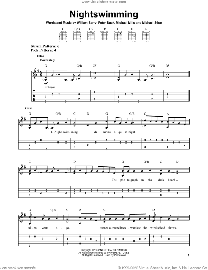 Nightswimming sheet music for guitar solo (easy tablature) by R.E.M., Michael Stipe, Mike Mills, Peter Buck and William Berry, easy guitar (easy tablature)