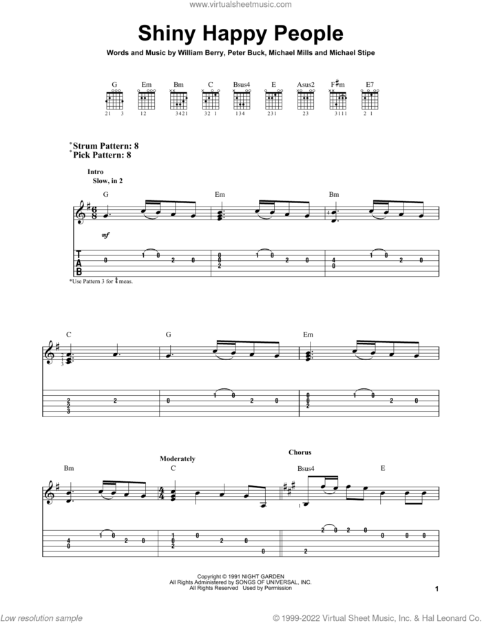 Shiny Happy People sheet music for guitar solo (easy tablature) by R.E.M., Michael Stipe, Mike Mills, Peter Buck and William Berry, easy guitar (easy tablature)