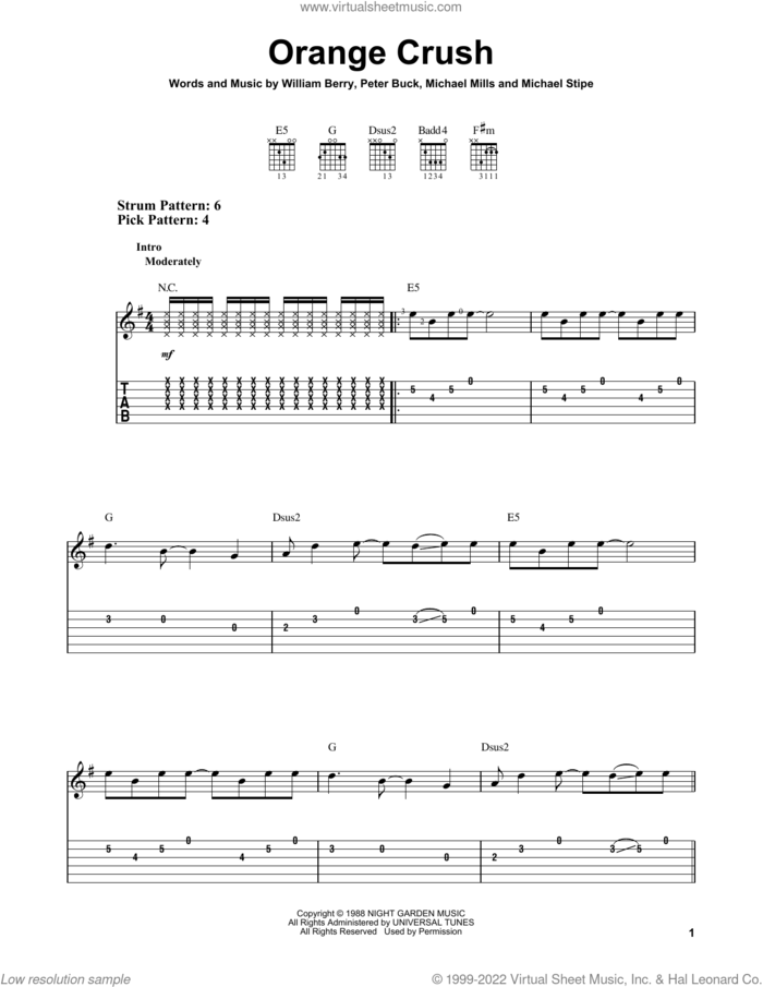 Orange Crush sheet music for guitar solo (easy tablature) by R.E.M., Michael Stipe, Mike Mills, Peter Buck and William Berry, easy guitar (easy tablature)