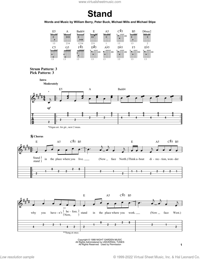 Stand sheet music for guitar solo (easy tablature) by R.E.M., Michael Stipe, Mike Mills, Peter Buck and William Berry, easy guitar (easy tablature)