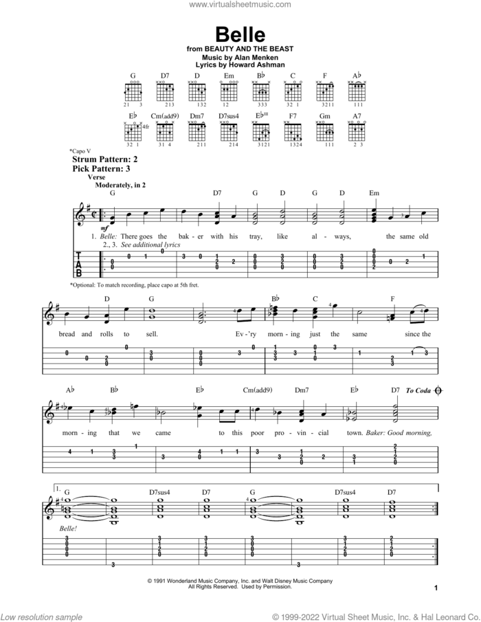 Belle (from Beauty And The Beast) sheet music for guitar solo (easy tablature) by Alan Menken, Alan Menken & Howard Ashman and Howard Ashman, easy guitar (easy tablature)