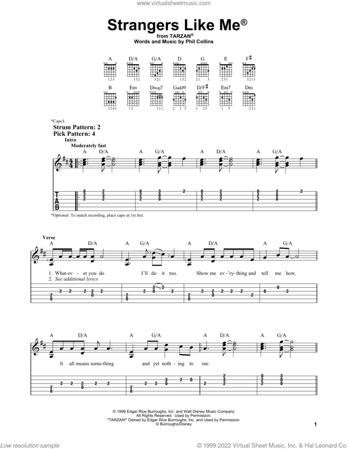 Strangers Like Me (from Tarzan) sheet music for guitar solo (easy tablature) by Phil Collins, easy guitar (easy tablature)