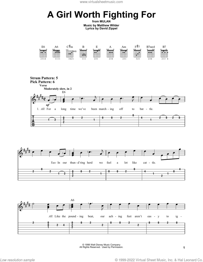 A Girl Worth Fighting For (from Mulan) sheet music for guitar solo (easy tablature) by David Zippel, Matthew Wilder and Matthew Wilder & David Zippel, easy guitar (easy tablature)